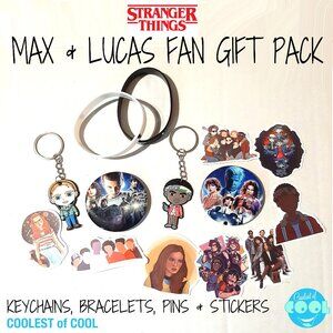 Stranger Things Max an Lucas Fan gift set 2 Keyrings Pins Bracelets and Stickers